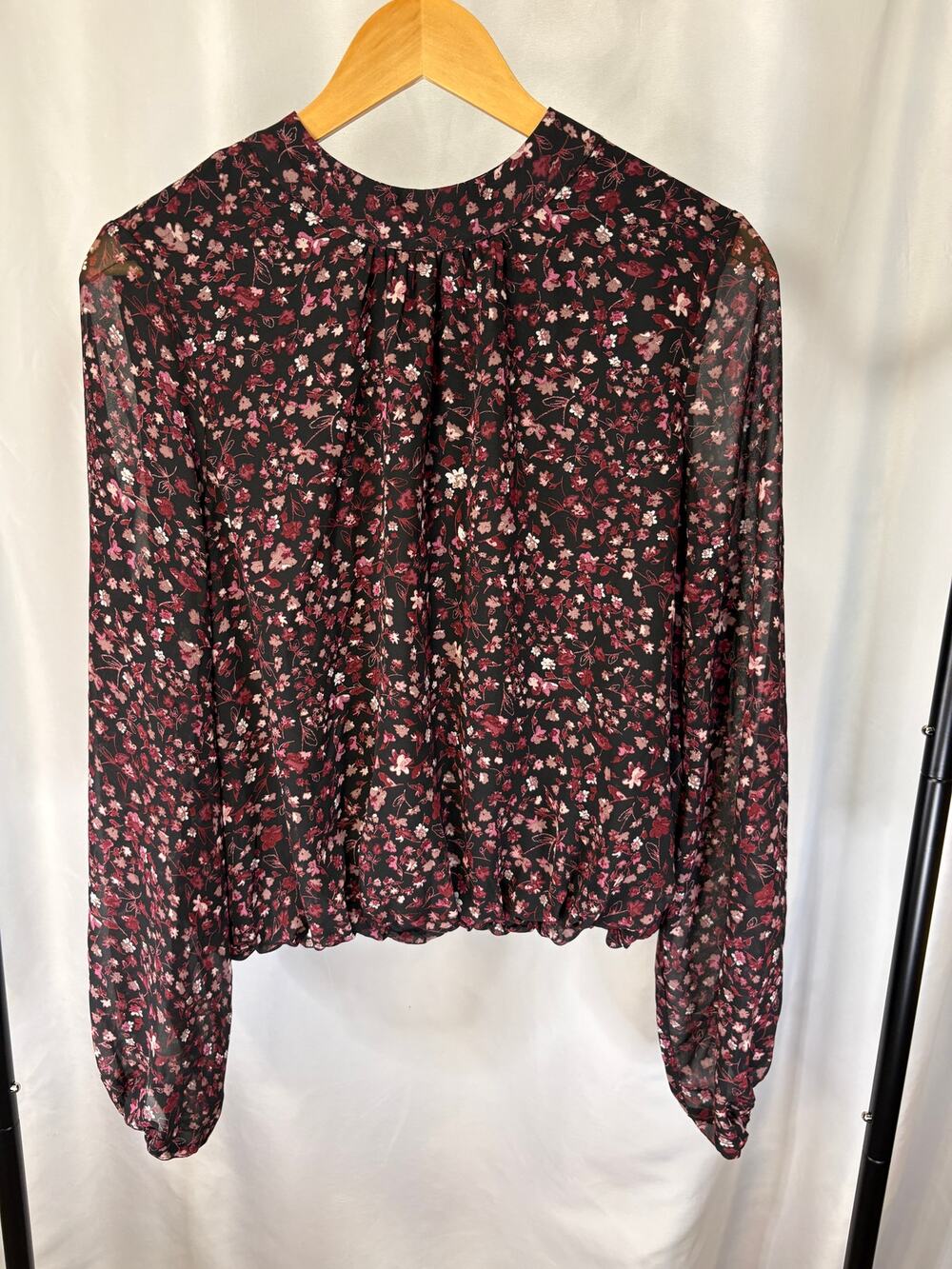 Rachel Roy Women’s Small Floral Blouse Black Burgundy Sheer Long Sleeve